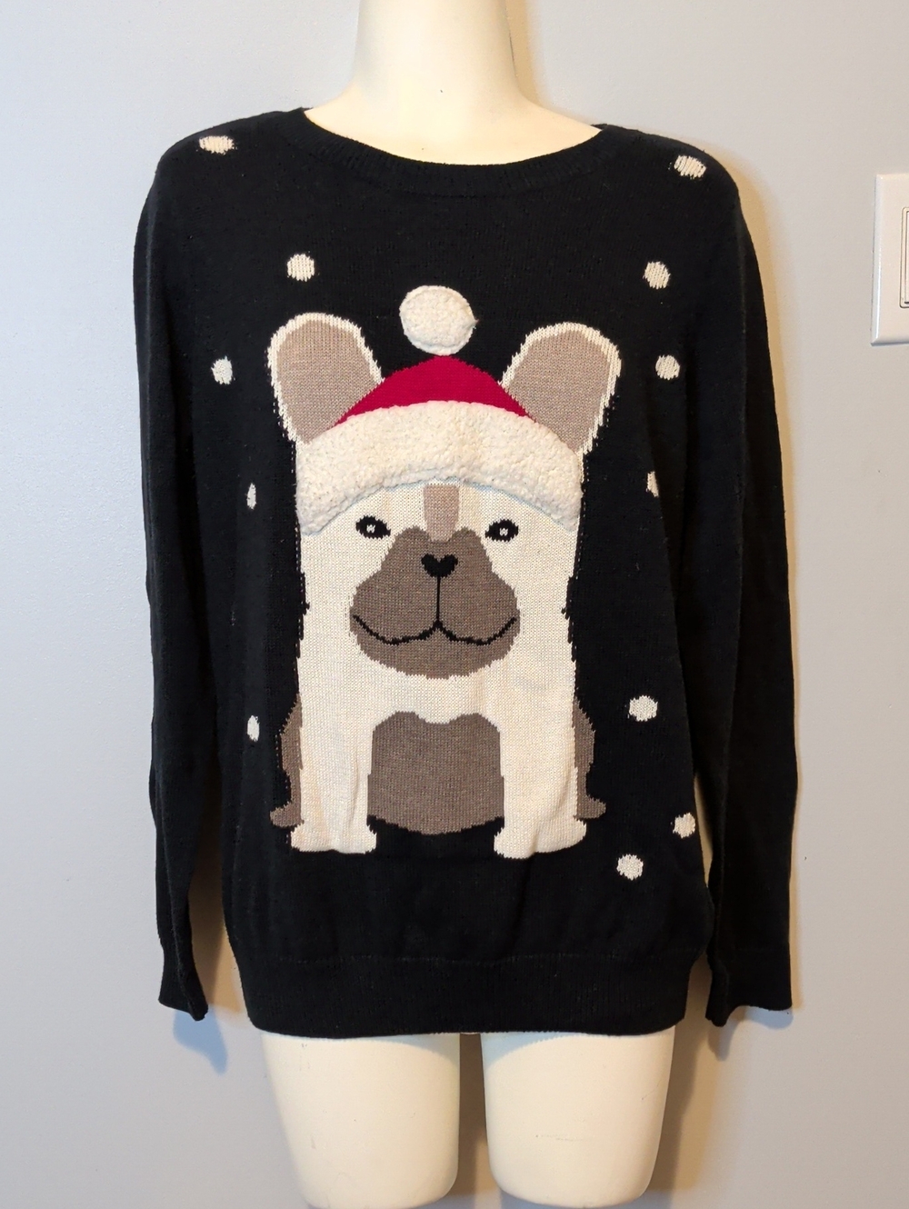 Ugly Christmas Sweater Black Dog Graphic Crewneck with Red Hat Accent